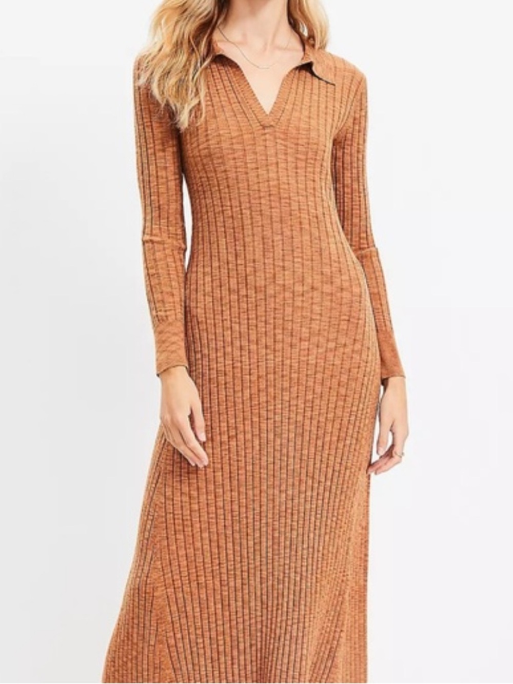 LOFT Ribbed Polo Sweater Midi Dress in Rust - Picture 1 of 3